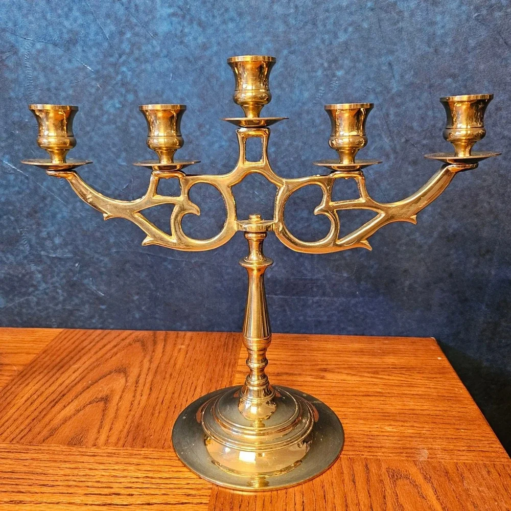 Vintage Brass 5 Arm Candelabra Art Nouveau Scrollwork Candlestick W Mark